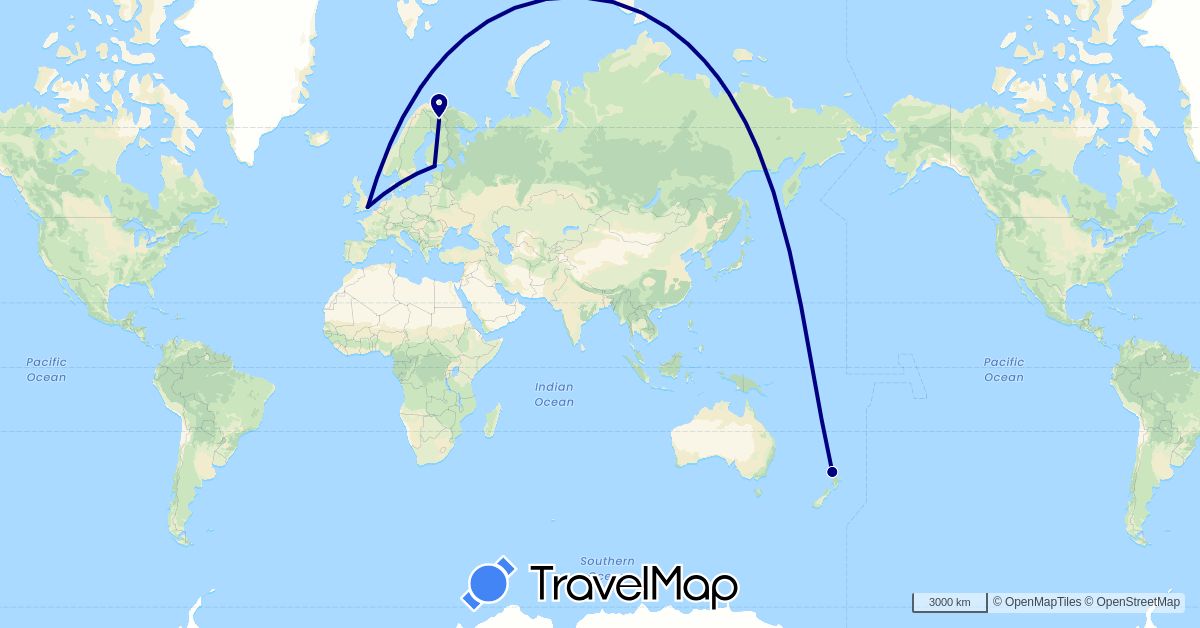 TravelMap itinerary: driving in Finland, United Kingdom, New Zealand (Europe, Oceania)